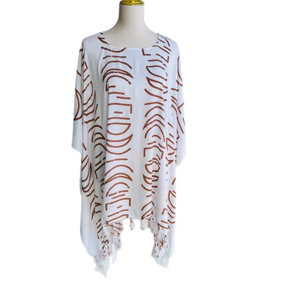 0074/ White Brown Poncho, Swim Cover up, Little Bit See Through - Picture 2 of 6